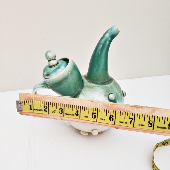 Hand Crafted Artisan Whimsical Pottery Teapot Teal Cream - Picture 12 of 12